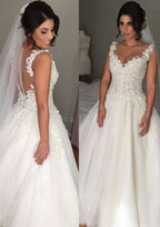Charming Tulle Long Floor-Length Ball Gown Wedding Dress with Sleeveless V-Neck and Covered Button, Featuring Appliqued Details BM bride