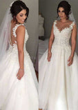 Charming Tulle Long Floor-Length Ball Gown Wedding Dress with Sleeveless V-Neck and Covered Button, Featuring Appliqued Details BM bride