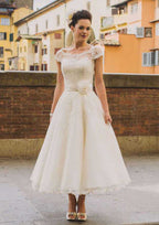 Elegant A-Line/Princess Scoop Neck Tea-Length Tulle Wedding Dress with Delicate Appliqued Flowers BM bride