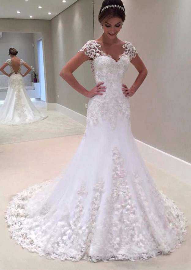 Romantic Beaded Sweetheart Lace Sheath/Column Wedding Dress with Court Train BM bride