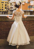 Elegant A-Line/Princess Scoop Neck Tea-Length Tulle Wedding Dress with Delicate Appliqued Flowers BM bride