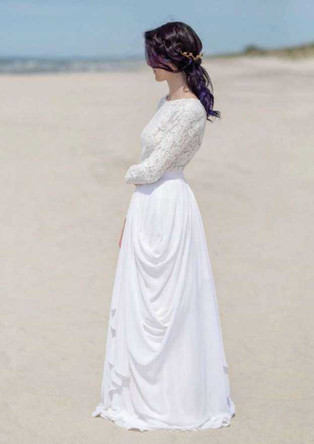 Classic Lace Bateau Chiffon A-Line/Princess Long/Floor-Length Wedding Dress BM bride