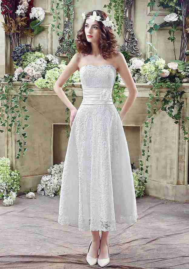 Romantic Flowers Lace A-Line/Princess Strapless Tea-Length Wedding Dress BM bride