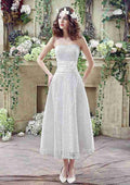 Romantic Flowers Lace A-Line/Princess Strapless Tea-Length Wedding Dress BM bride