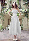 Romantic Flowers Lace A-Line/Princess Strapless Tea-Length Wedding Dress BM bride