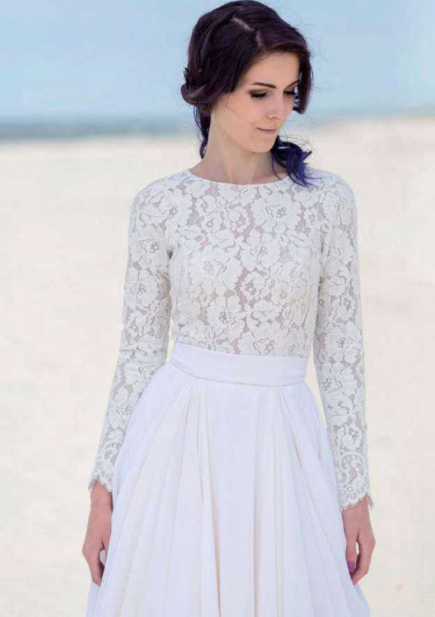 Classic Lace Bateau Chiffon A-Line/Princess Long/Floor-Length Wedding Dress BM bride
