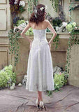 Romantic Flowers Lace A-Line/Princess Strapless Tea-Length Wedding Dress BM bride