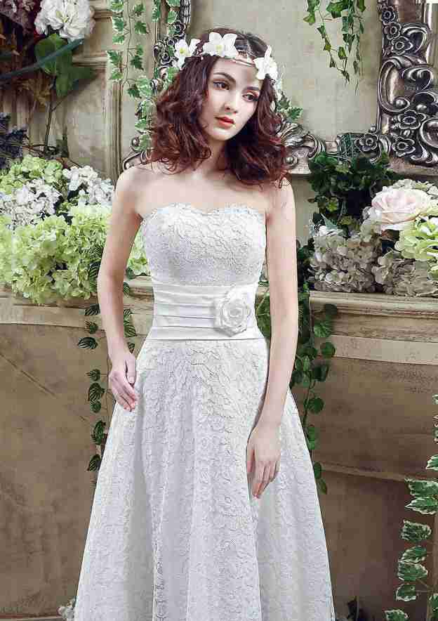 Romantic Flowers Lace A-Line/Princess Strapless Tea-Length Wedding Dress BM bride