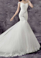 Beaded Off-The-Shoulder Lace Sheath Wedding Dress with Chapel Train BM bride
