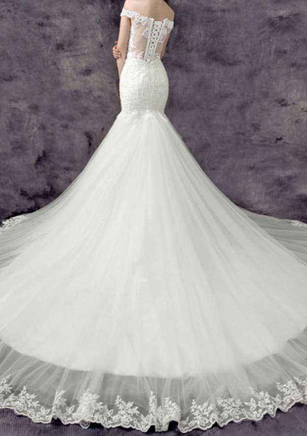 Beaded Off-The-Shoulder Lace Sheath Wedding Dress with Chapel Train BM bride