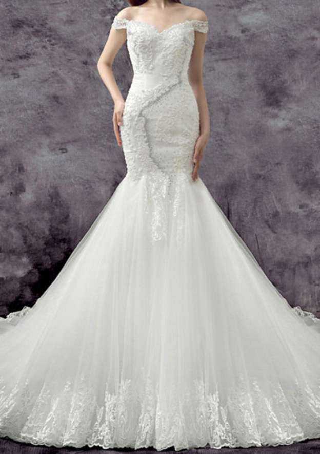 Beaded Off-The-Shoulder Lace Sheath Wedding Dress with Chapel Train BM bride