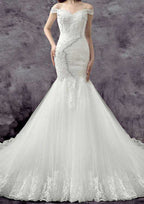 Beaded Off-The-Shoulder Lace Sheath Wedding Dress with Chapel Train BM bride