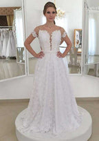 Refined Appliqued Beading Lace A-Line/Princess Scoop Neck Short Sleeve Wedding Dress with Sweep Train BM bride