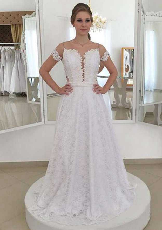 Refined Appliqued Beading Lace A-Line/Princess Scoop Neck Short Sleeve Wedding Dress with Sweep Train BM bride