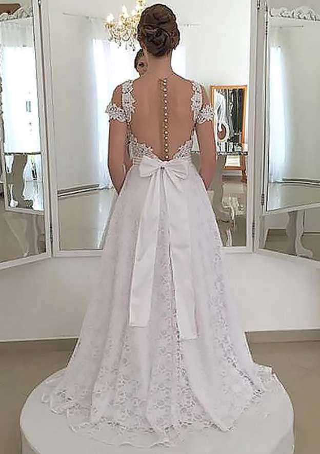 Refined Appliqued Beading Lace A-Line/Princess Scoop Neck Short Sleeve Wedding Dress with Sweep Train BM bride
