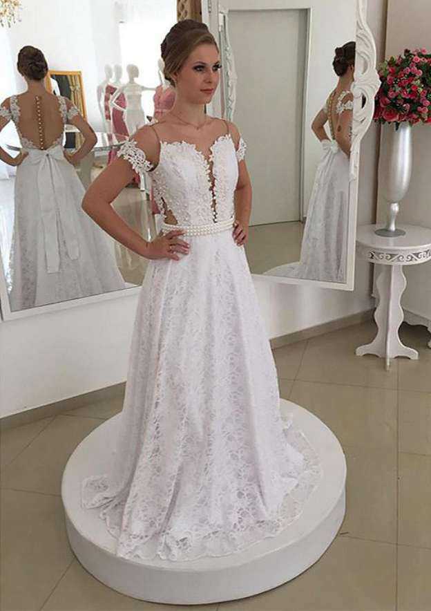Refined Appliqued Beading Lace A-Line/Princess Scoop Neck Short Sleeve Wedding Dress with Sweep Train BM bride