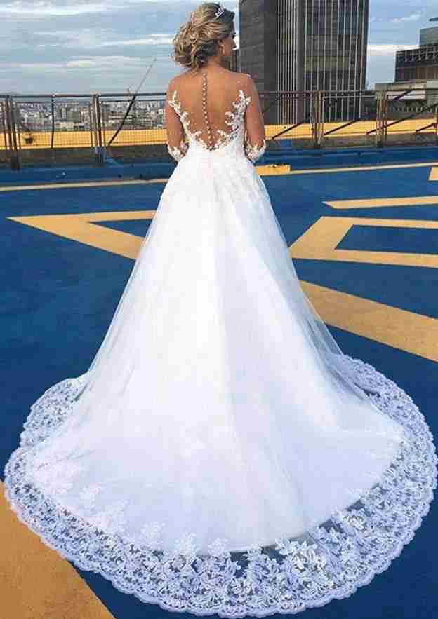 Classic Lace Ball Gown with Court Train, Full-Length Long Sleeves, V-Neck, and Covered Button Detailing BM bride