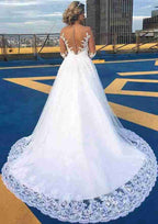 Classic Lace Ball Gown with Court Train, Full-Length Long Sleeves, V-Neck, and Covered Button Detailing BM bride