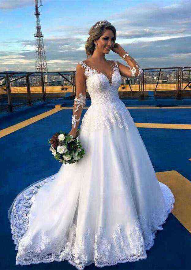 Classic Lace Ball Gown with Court Train, Full-Length Long Sleeves, V-Neck, and Covered Button Detailing BM bride