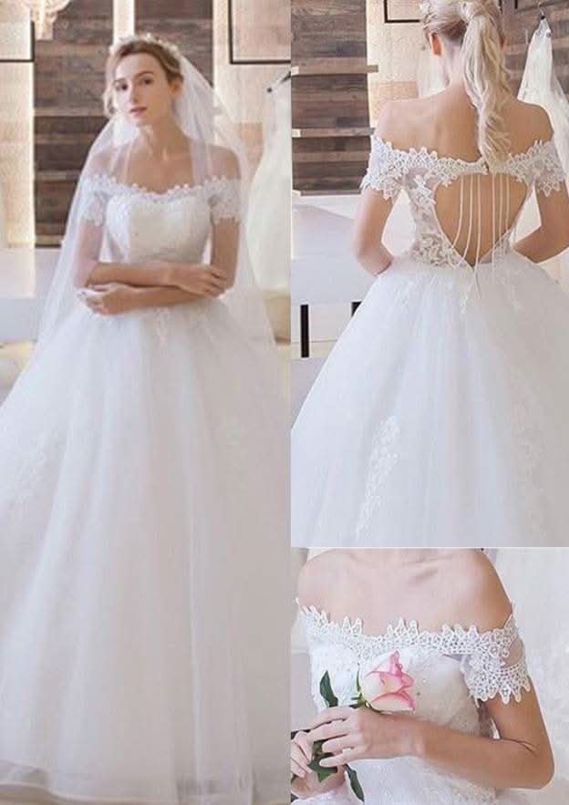 Appliqued Lace Off-The-Shoulder Ball Gown Wedding Dress with Long/Floor-Length Tulle Skirt BM bride