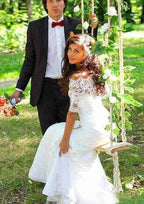 Timeless Lace Trumpet/Mermaid Wedding Dress with Off-the-Shoulder Design and Court Train with Applique BM bride