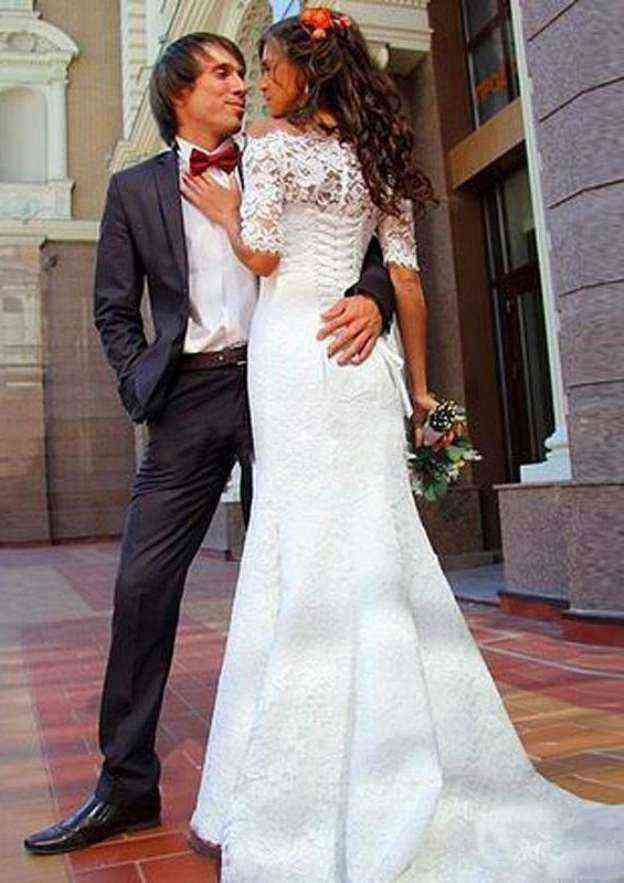 Timeless Lace Trumpet/Mermaid Wedding Dress with Off-the-Shoulder Design and Court Train with Appliqued BM bride