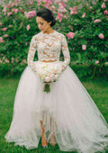 Scalloped Neck Asymmetrical Ball Gown Wedding Dress with Tulle and Lace BM bride