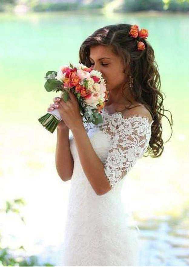 Timeless Lace Trumpet/Mermaid Wedding Dress with Off-the-Shoulder Design and Court Train with Appliqued BM bride