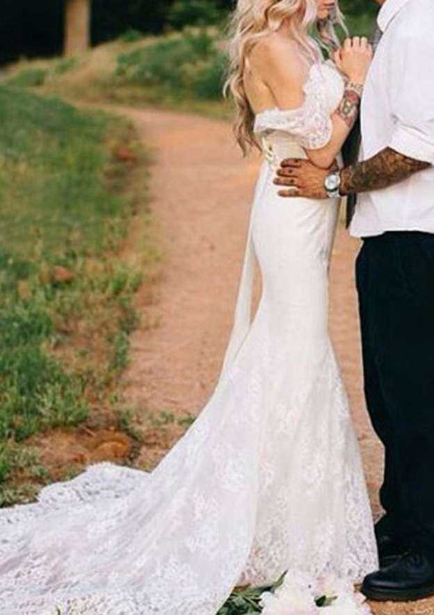Sheath/Column Off-The-Shoulder Lace Wedding Dress with Sweep Train BM bride