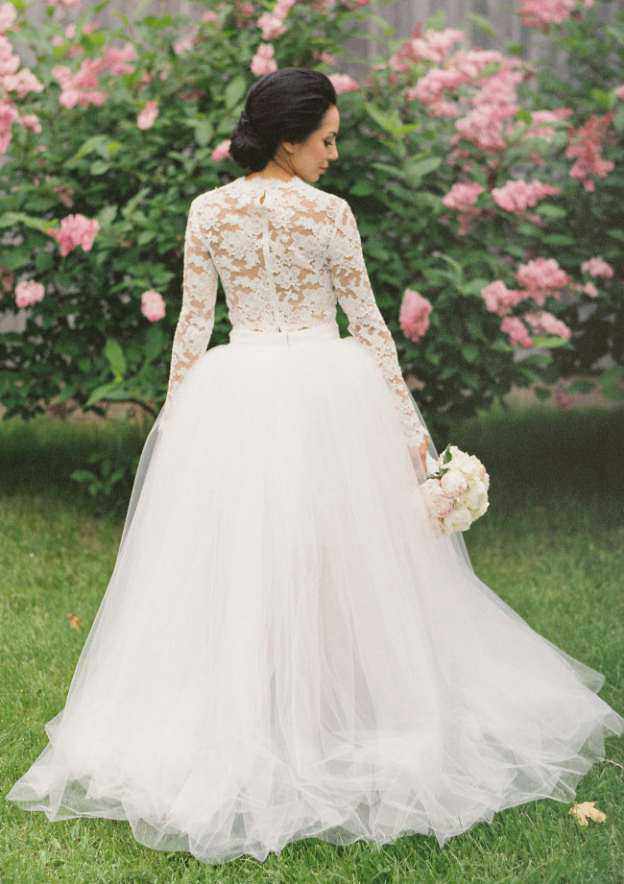 Scalloped Neck Asymmetrical Ball Gown Wedding Dress with Tulle and Lace BM bride