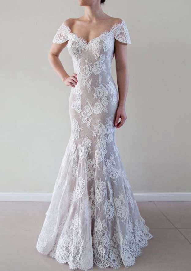 Sheath/Column Off-The-Shoulder Lace Wedding Dress with Sweep Train BM bride