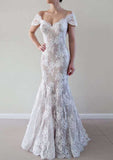 Sheath/Column Off-The-Shoulder Lace Wedding Dress with Sweep Train BM bride
