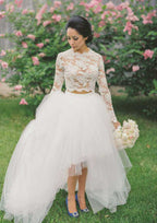 Scalloped Neck Asymmetrical Ball Gown Wedding Dress with Tulle and Lace BM bride