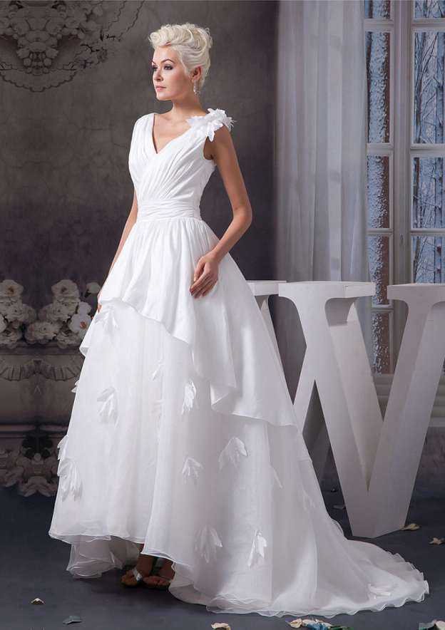 Graceful Asymmetrical A-Line/Princess Chiffon Wedding Dress with V-Neckline and Delicate Appliques BM bride