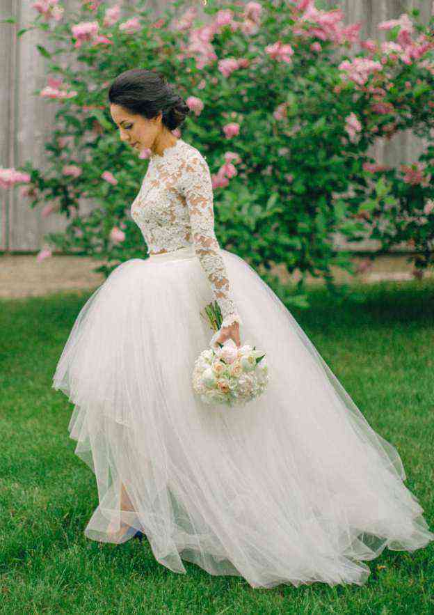 Scalloped Neck Asymmetrical Ball Gown Wedding Dress with Tulle and Lace BM bride