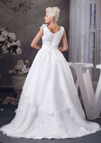 Graceful Asymmetrical A-Line/Princess Chiffon Wedding Dress with V-Neckline and Delicate Appliqueds BM bride