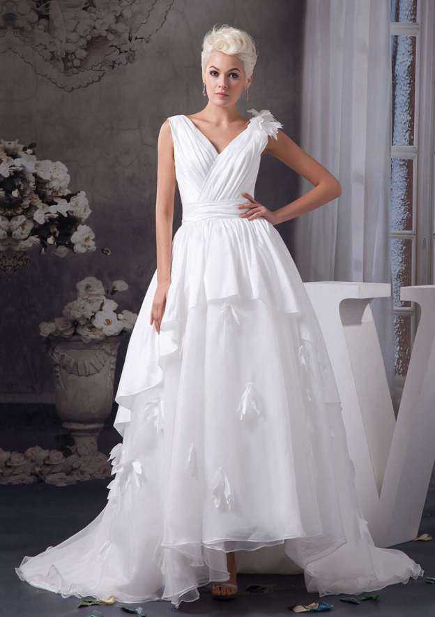 Graceful Asymmetrical A-Line/Princess Chiffon Wedding Dress with V-Neckline and Delicate Appliques BM bride