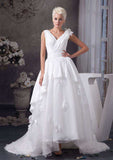 Graceful Asymmetrical A-Line/Princess Chiffon Wedding Dress with V-Neckline and Delicate Appliqueds BM bride