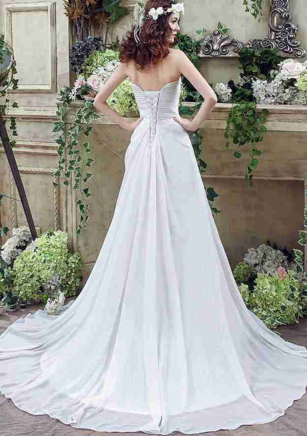 Sophisticated Beaded Appliqued Tulle A-Line/Princess Strapless Wedding Dress with Court Train BM bride