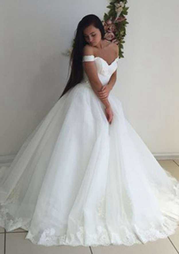 Graceful Tulle Sweep Train Ball Gown: Sleeveless Off-The-Shoulder with Lace-Up and Waistband BM bride