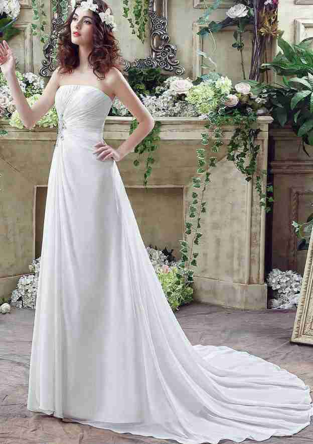 Sophisticated Beaded Appliqued Tulle A-Line/Princess Strapless Wedding Dress with Court Train BM bride