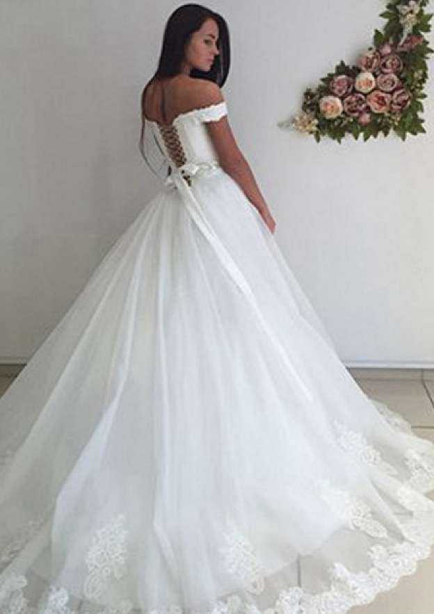 Graceful Tulle Sweep Train Ball Gown: Sleeveless Off-The-Shoulder with Lace-Up and Waistband BM bride