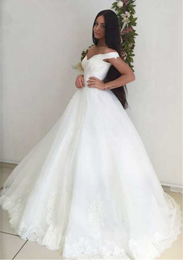 Graceful Tulle Sweep Train Ball Gown: Sleeveless Off-The-Shoulder with Lace-Up and Waistband BM bride