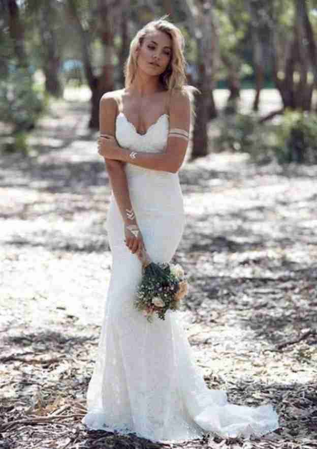 Elegant Appliqued Lace Trumpet/Mermaid Wedding Dress with Sweep Train, Sleeveless Sweetheart Neckline, and Zipper Closure BM bride