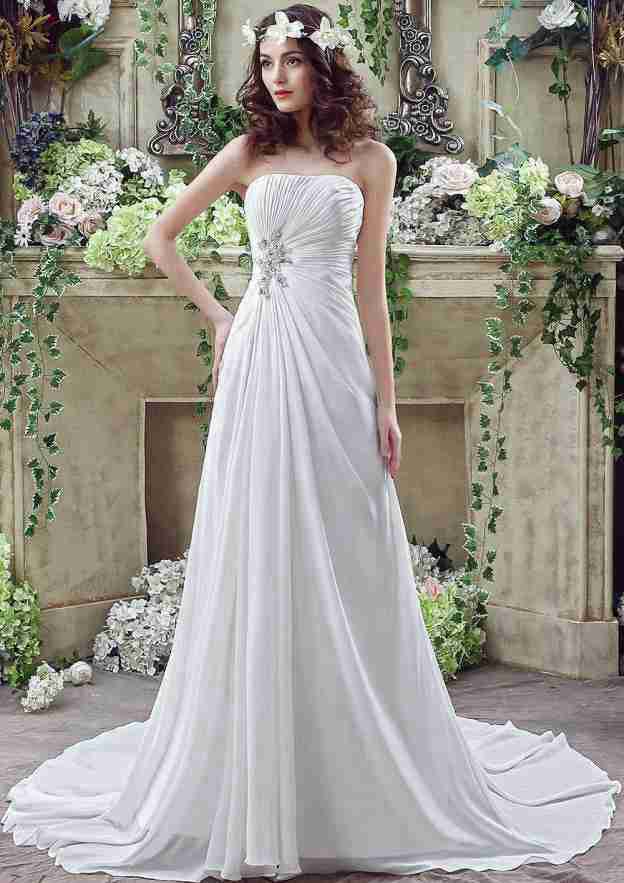 Sophisticated Beaded Appliqued Tulle A-Line/Princess Strapless Wedding Dress with Court Train BM bride
