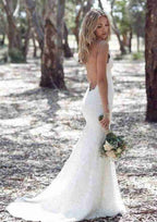 Elegant Appliqued Lace Trumpet/Mermaid Wedding Dress with Sweep Train, Sleeveless Sweetheart Neckline, and Zipper Closure BM bride