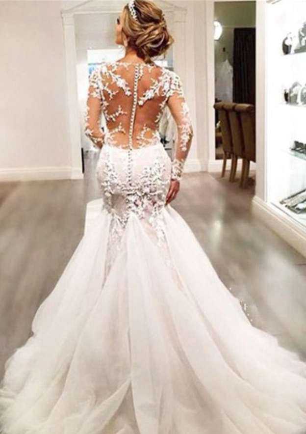 Charming Sweep Train Trumpet/Mermaid Wedding Dress with Full-Length Sleeves, V-Neck, and Covered Buttons with Appliqued Tulle BM bride