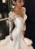 Charming Sweep Train Trumpet/Mermaid Wedding Dress with Full-Length Sleeves, V-Neck, and Covered Buttons with Appliqued Tulle BM bride