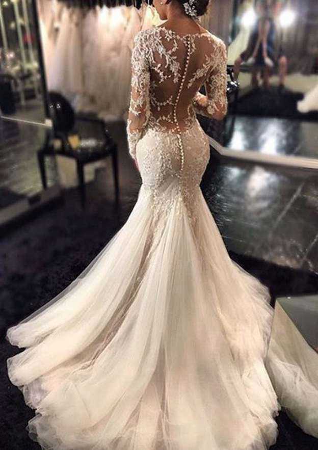 Charming Sweep Train Trumpet/Mermaid Wedding Dress with Full-Length Sleeves, V-Neck, and Covered Buttons with Appliqued Tulle BM bride