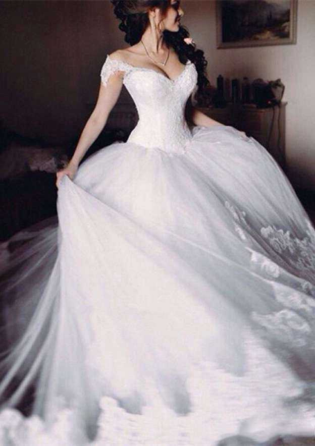 Lace Off-The-Shoulder Ball Gown Wedding Dress with Sweep Train and Tulle Fabric BM bride